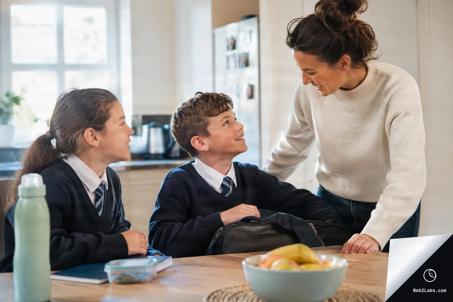 Mother smiling and talking with two children in school uniforms at a kitchen table with a backpack, water bottle, and a bowl of fruit in the foreground.