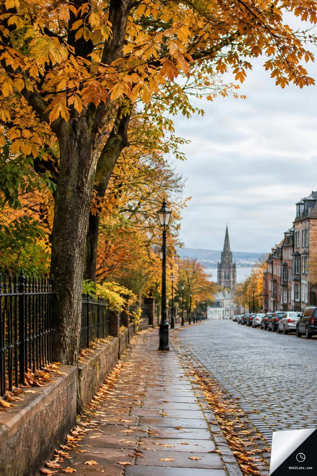 Vertical photo of a cobblestone street in autumn with orange leaves on trees and scattered on the sidewalk, iron fence and stone wall on the left, parked cars and old buildings on the right, and a church spire in the distance under a cloudy sky.
