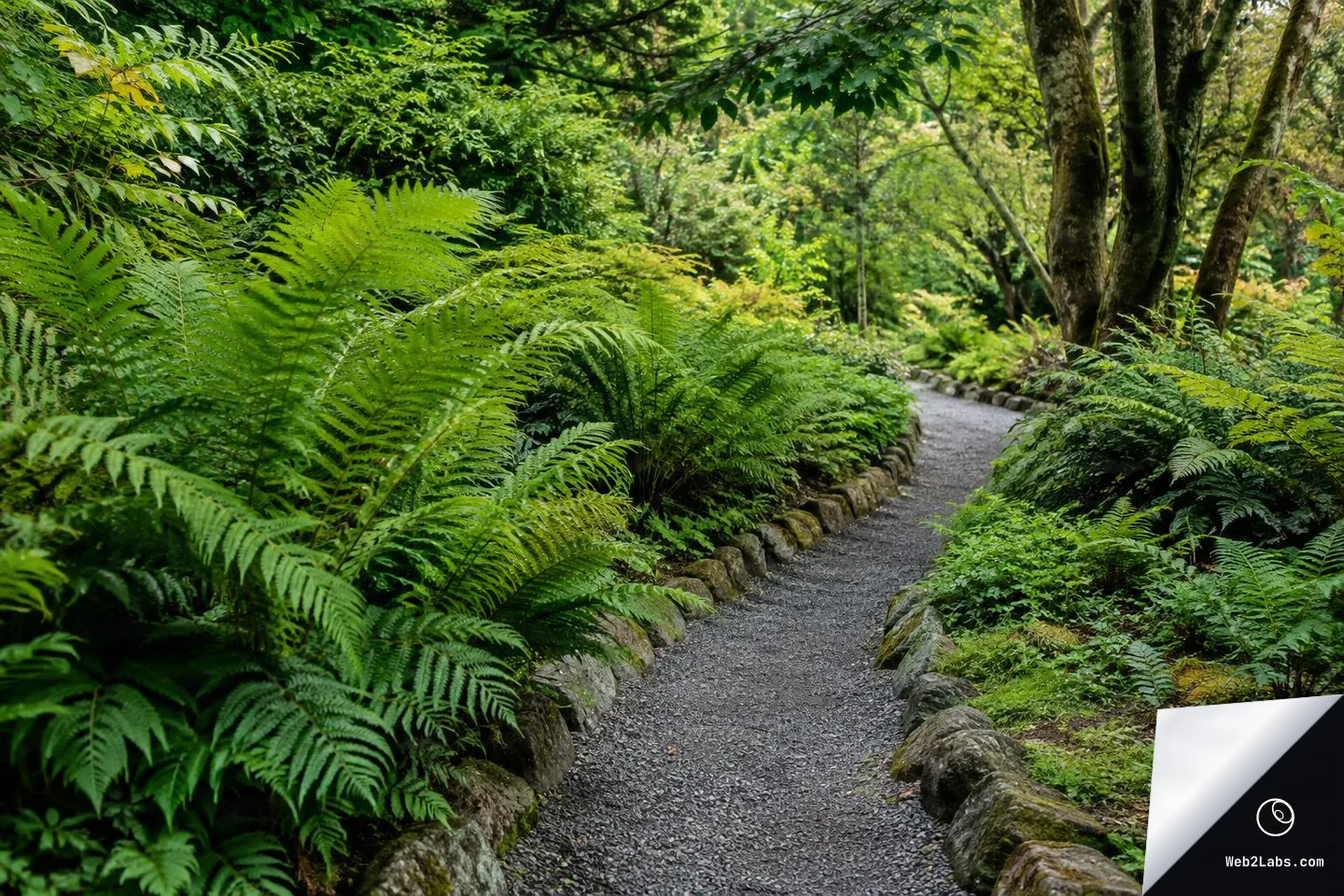 Curving gravel path lined with stones winding through dense green ferns and trees in a shaded garden.