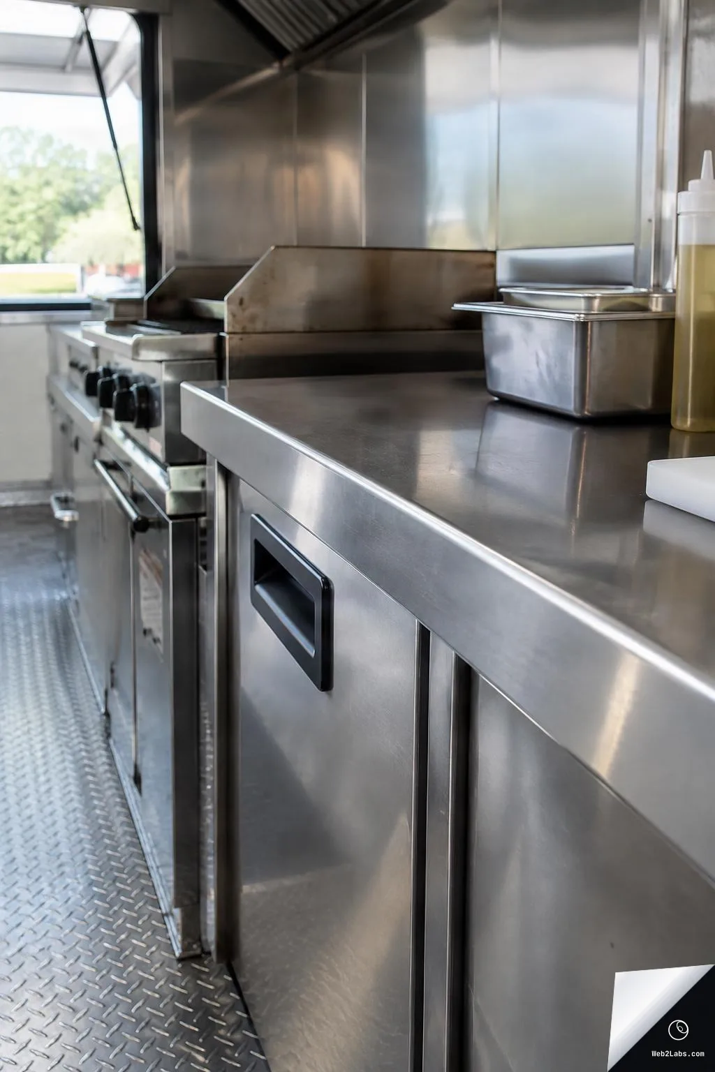 Vertical photo inside a food truck kitchen showing a stainless-steel prep counter and cabinet fronts, with a griddle area in the background and daylight coming through the service window.
