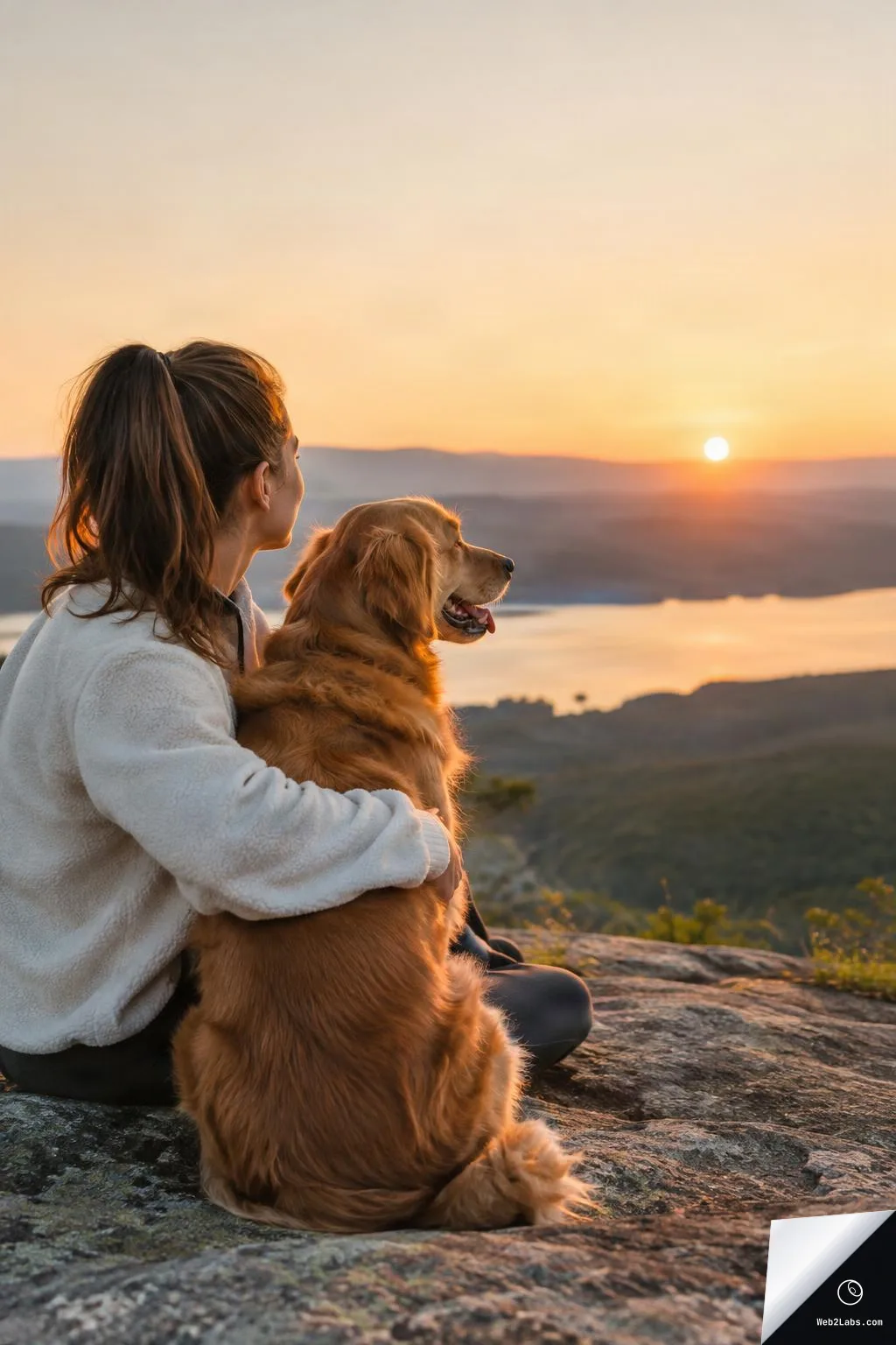 Woman in a light fleece jacket sits on a rock and hugs a golden retriever, both looking toward a sunset over a lake and distant hills, with open sky for text.