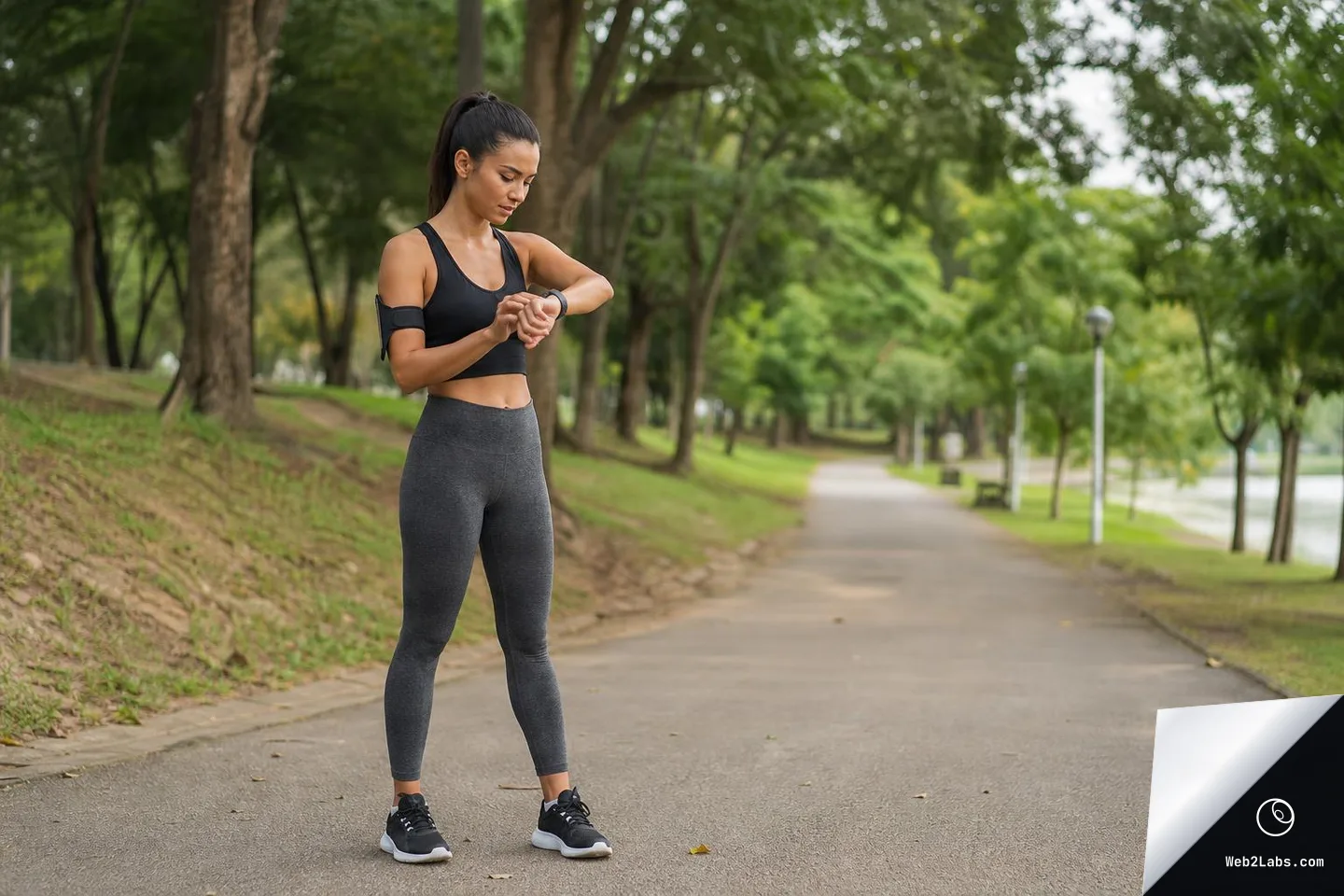 Woman in black sports bra and gray leggings standing on a park pathway, looking down at her smartwatch while trees and a lamppost line the background.