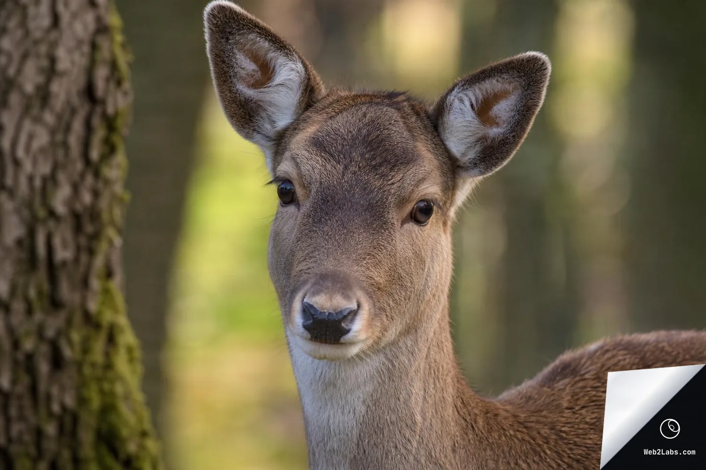 Close-up portrait of a deer with ears raised, standing beside a tree in a forest with a softly blurred green and brown background.