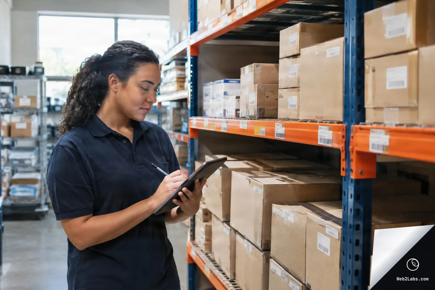 Worker in a warehouse aisle holding a tablet and stylus while checking boxed inventory on metal shelving.