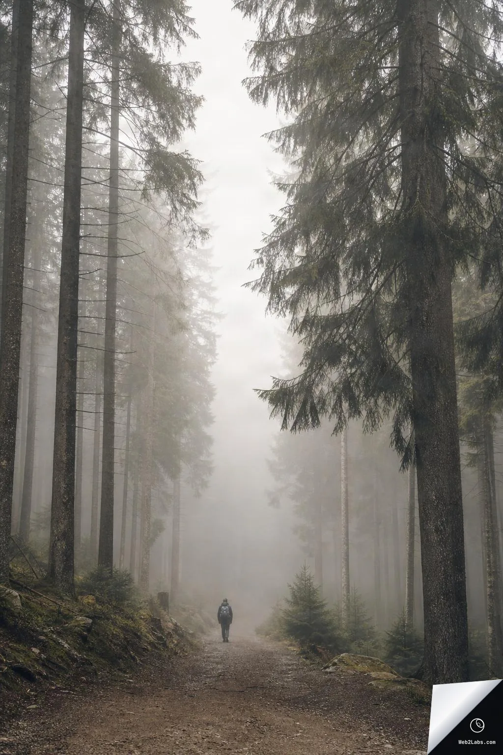 A lone hiker with a backpack walks down a dirt trail through tall pine trees in thick fog, with misty forest layers fading into the background.