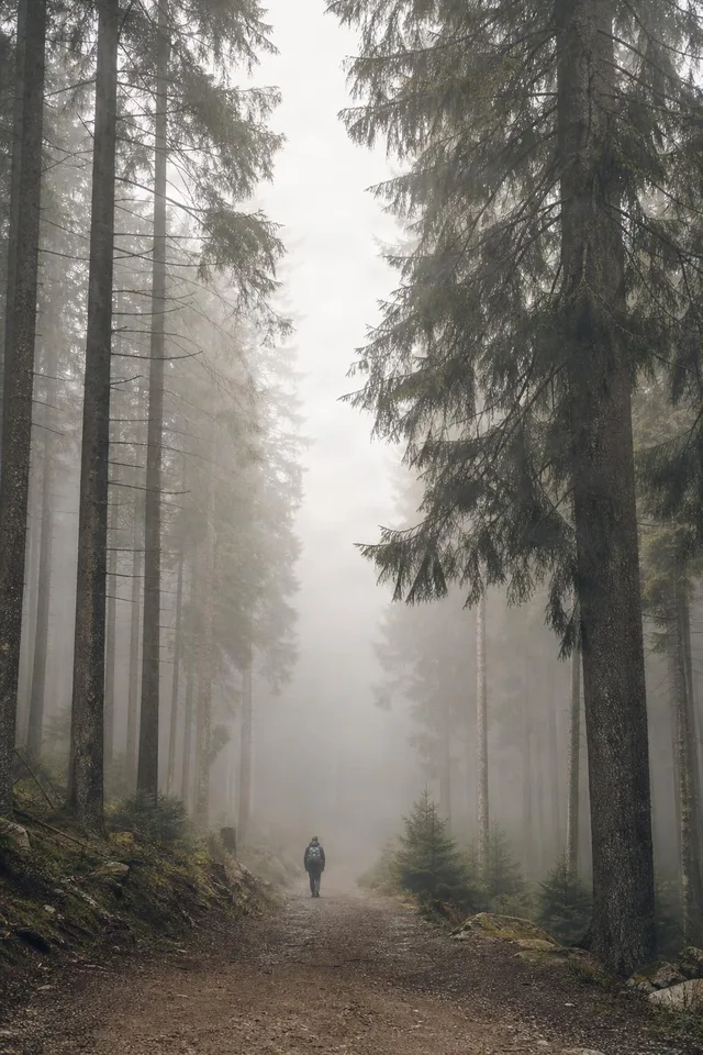 Foggy Forest Trail With Hiker