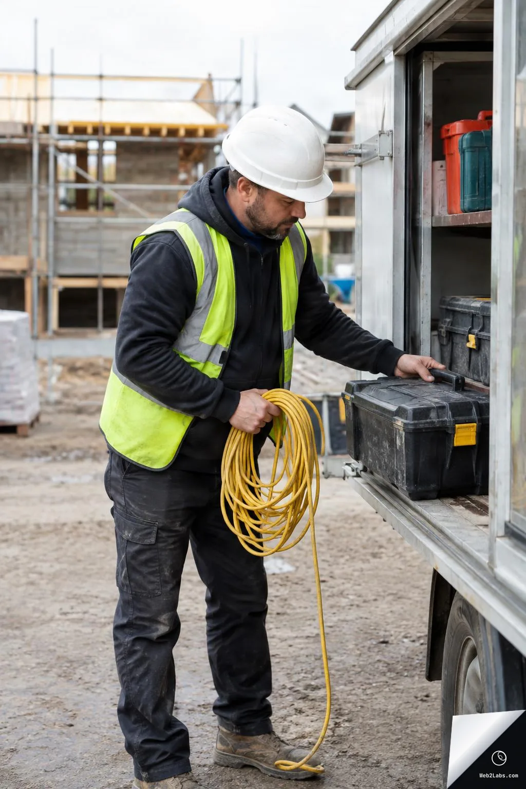 Construction worker wearing a white hard hat and yellow safety vest coils a yellow extension cord while placing a toolbox into an open side compartment of a work truck at a building site.