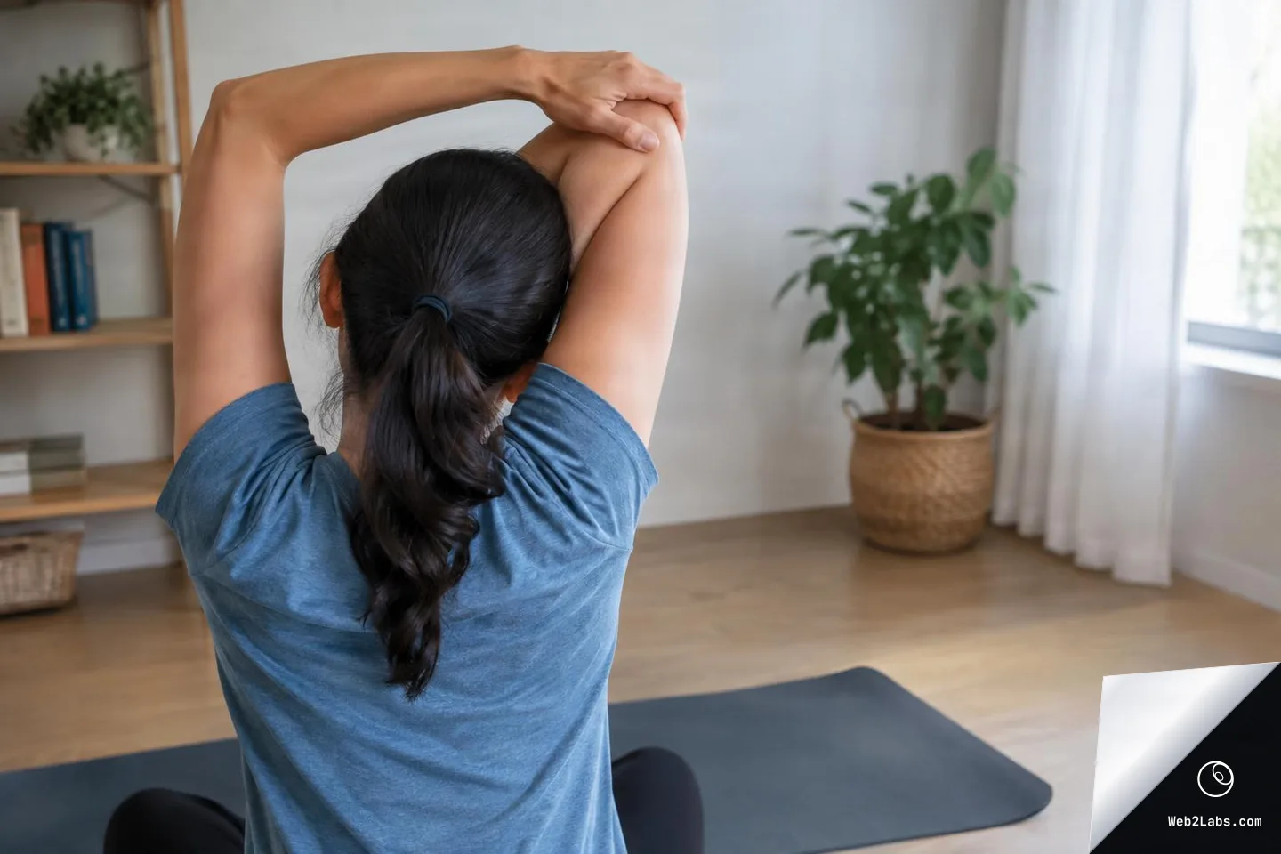 Rear view of a woman sitting on a yoga mat and stretching her arm overhead in a bright living room with a plant and shelving in the background.