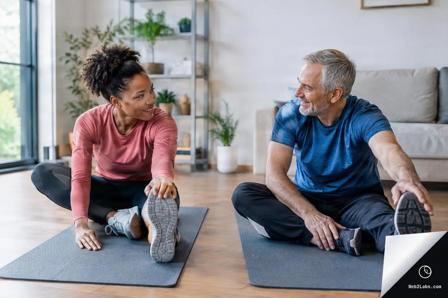 Two people on yoga mats in a living room do a seated hamstring stretch, reaching toward one extended foot and smiling at each other.