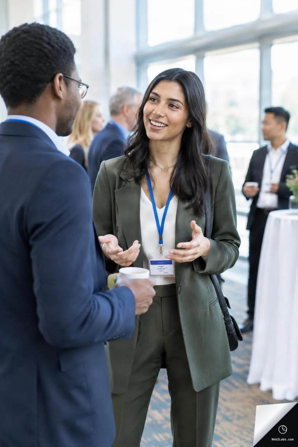 A woman wearing a conference lanyard talks and gestures while speaking with a man in a suit holding a coffee cup in a bright conference lobby, with other attendees blurred in the background.