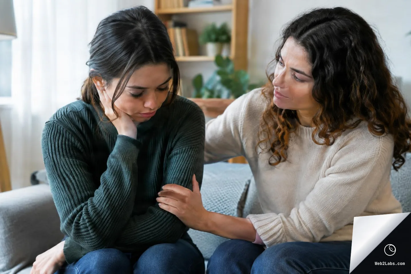 Two women sit on a couch in a living room; one looks down sadly with her hand on her cheek while the other leans in and places a supportive hand on her arm.