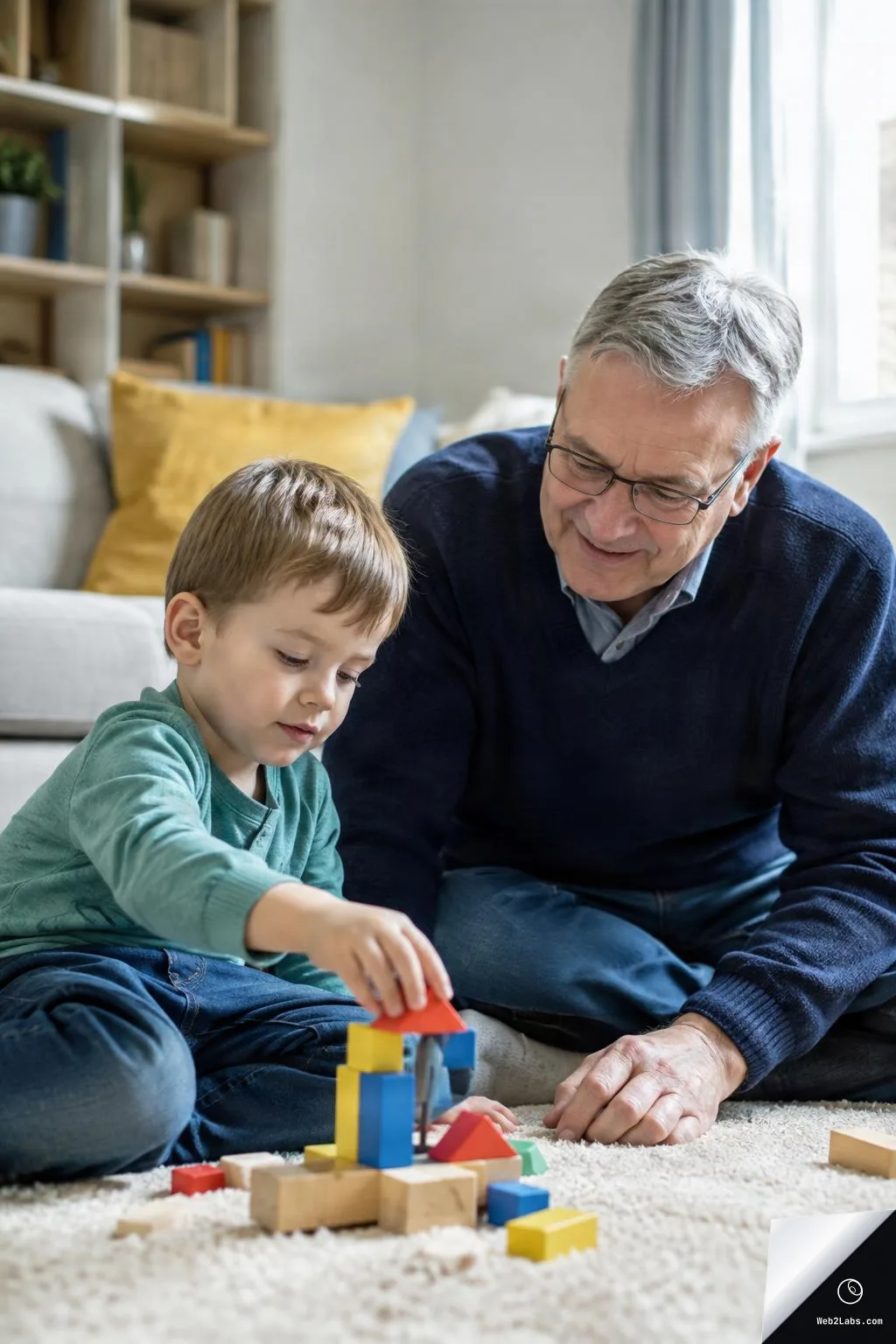 An older man with gray hair and glasses sits on a carpet next to a young boy as they build a small structure from colorful wooden blocks in a bright living room.