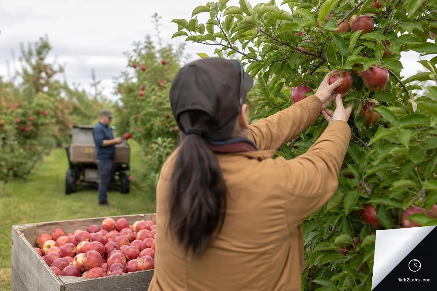 Over-the-shoulder view of a person picking red apples from a tree in an orchard beside a wooden bin filled with apples, with another worker and a small cart blurred in the background.