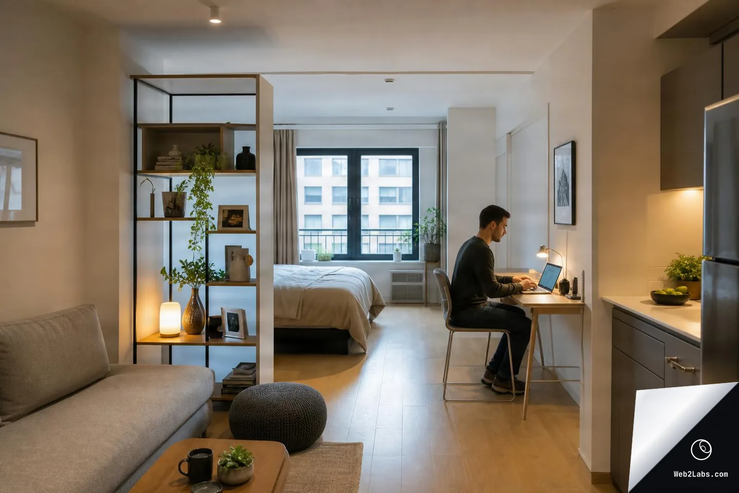 Wide view of a small studio apartment with a sofa and coffee table in the foreground, an open shelving divider with plants, a bed by a large window, and a man working on a laptop at a small desk next to a compact kitchen.