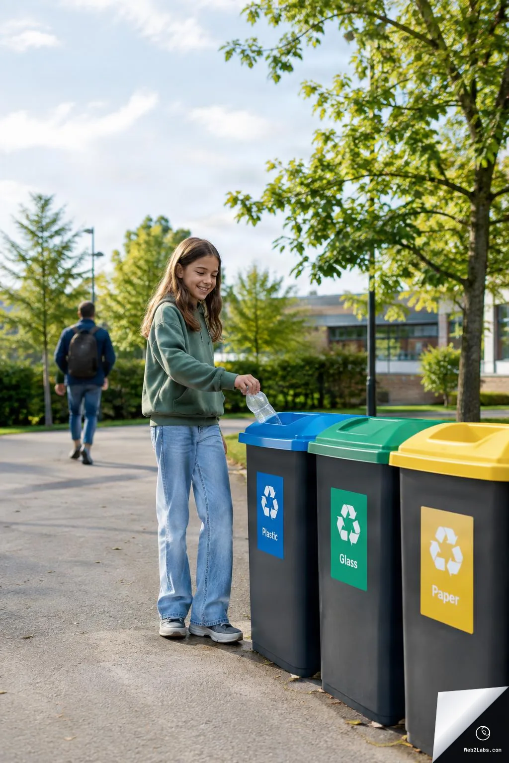 Smiling teen girl outdoors dropping a plastic bottle into a blue recycling bin beside green and yellow bins labeled for glass and paper, with trees and a campus-like walkway in the background.