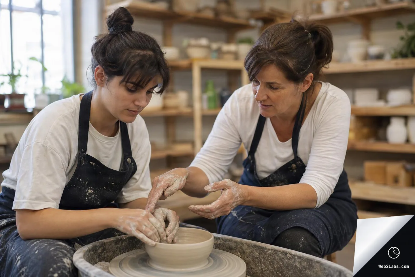 Two women in aprons work at a pottery wheel as one shapes a clay bowl and the other gestures instructions, with shelves of ceramics in a studio behind them.