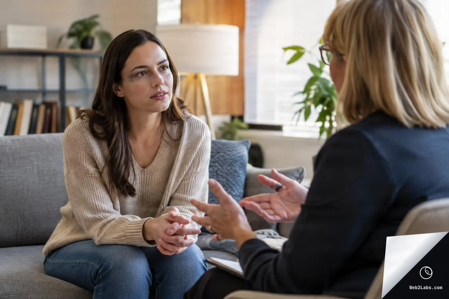 A therapist in the foreground gestures with both hands while speaking to a woman seated on a sofa in a bright counseling office.