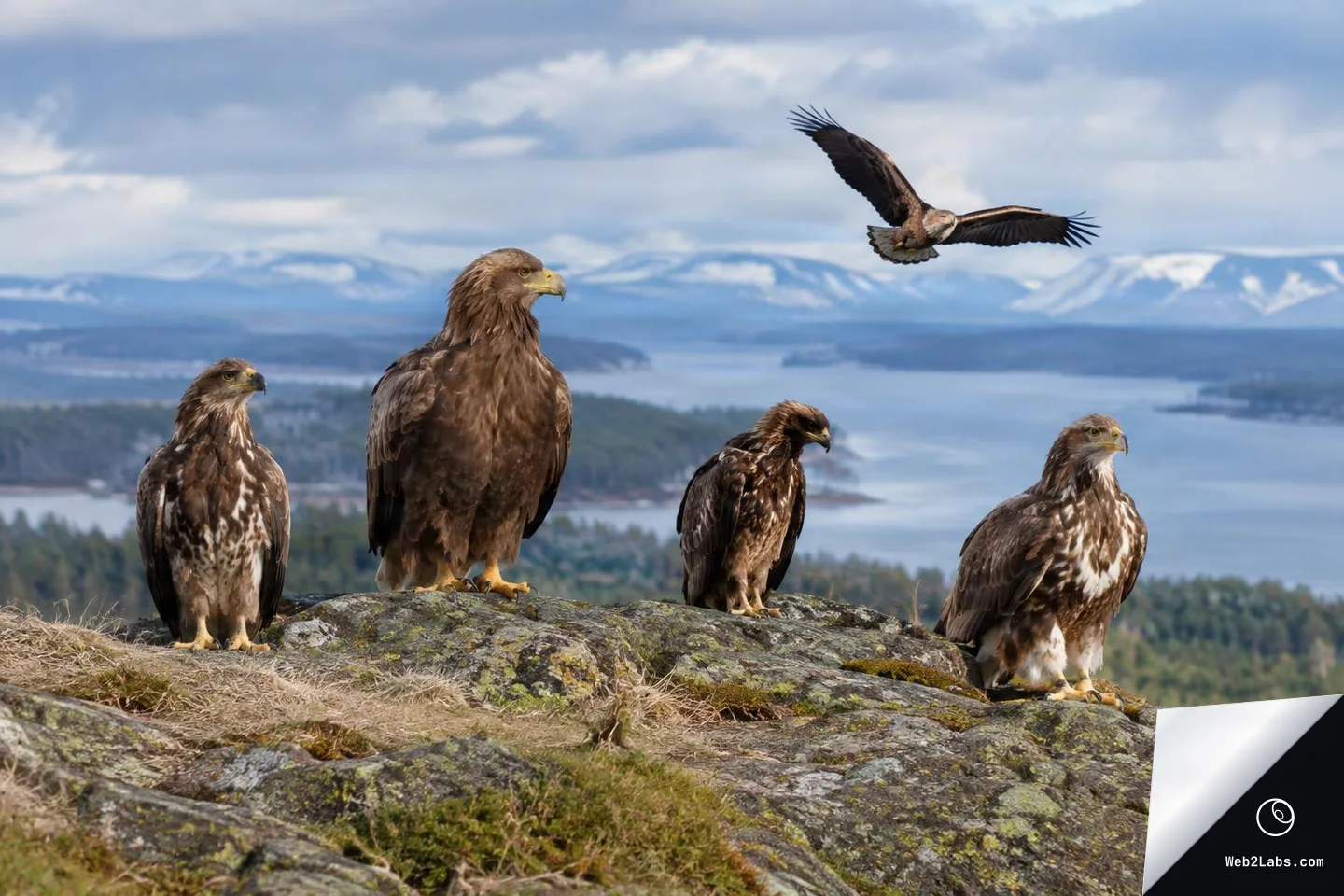 Four large birds of prey perched on a rocky outcrop with one raptor flying above, overlooking a lake and distant snow-streaked mountains under a cloudy sky.