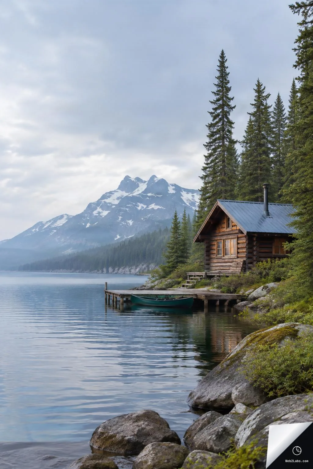 A small log cabin with a metal roof sits on the right beside a calm lake, with a dock and green rowboat in front and a snowy mountain and pine trees in the background under an overcast sky.