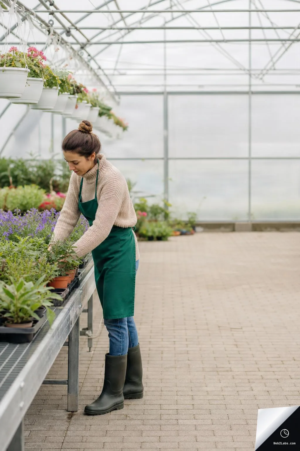 Woman in a green apron and rubber boots tending potted plants on a table inside a bright greenhouse, with open space on the right.