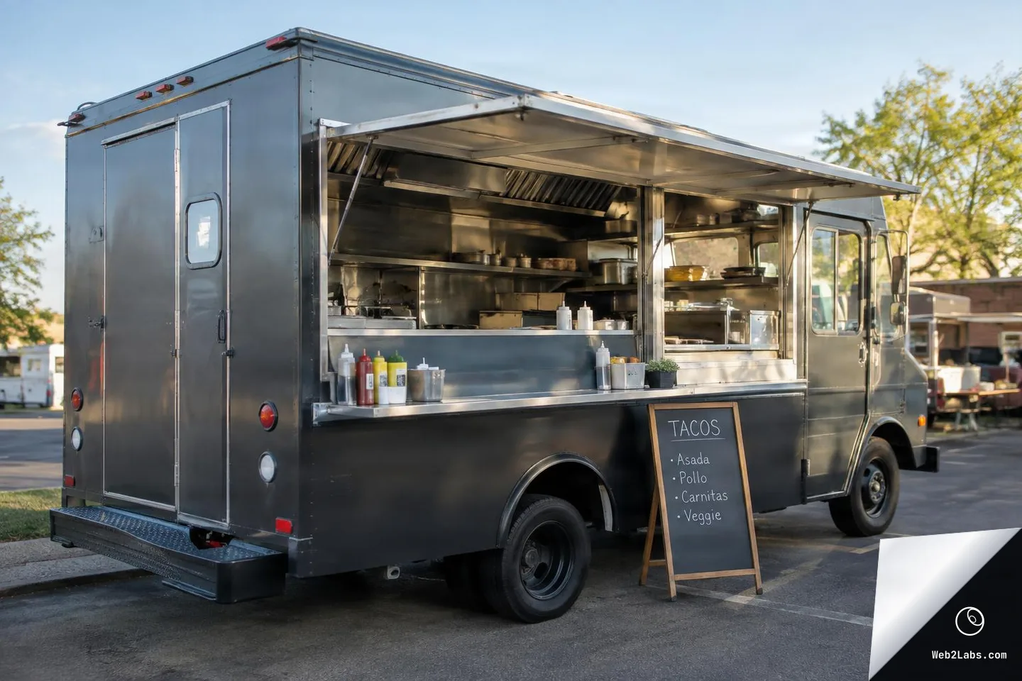 Stainless steel food truck parked in a lot, shot from a rear corner angle with the service window open showing the kitchen interior and condiment bottles; a chalkboard menu sign reading tacos stands on the ground.