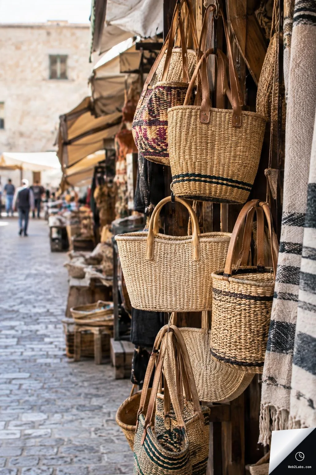 A row of woven straw baskets with leather handles hanging on a market stall wall, with a cobblestone street and blurred shoppers in the background.