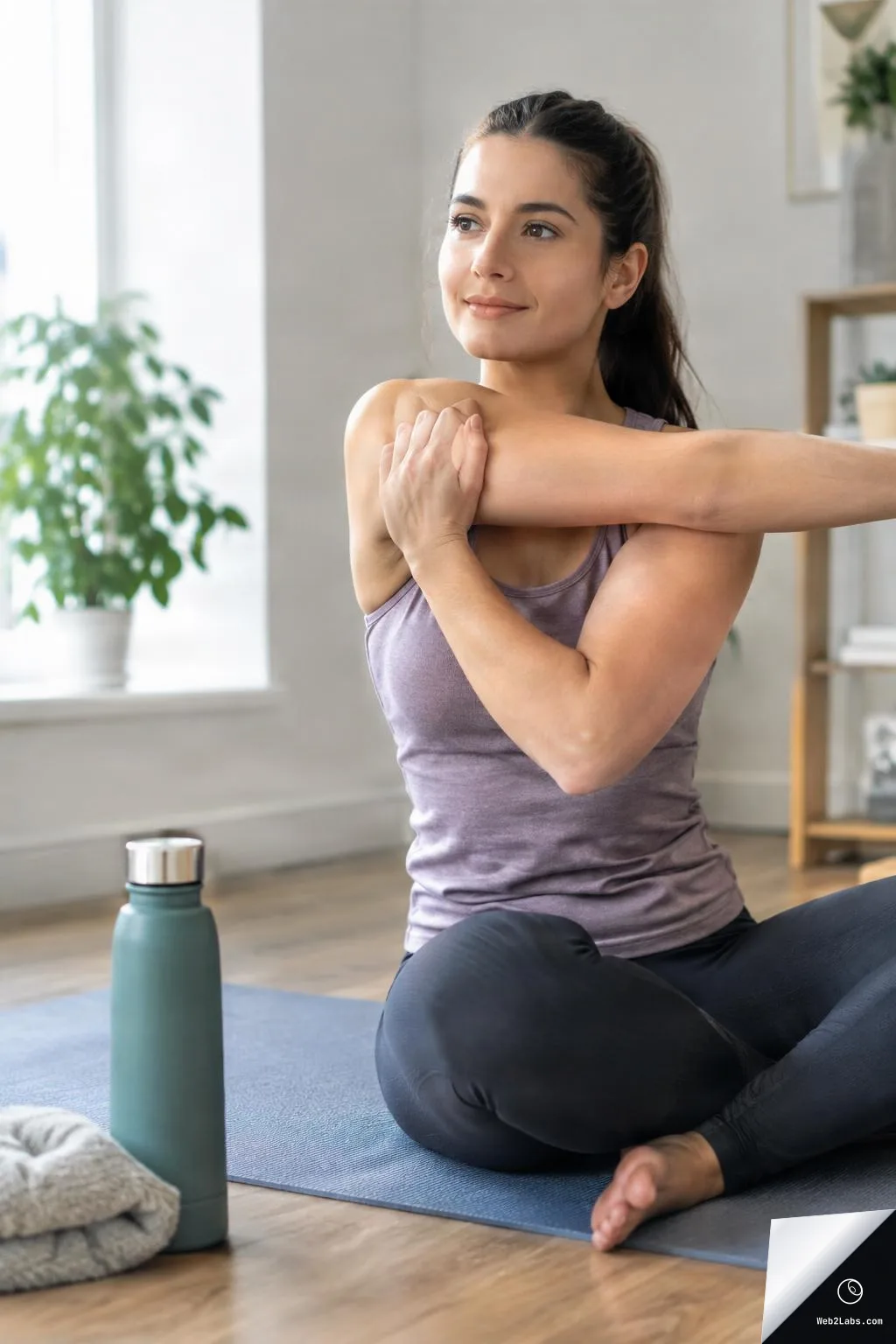 Woman seated cross-legged on a yoga mat doing a shoulder stretch in a bright living room, with a water bottle in the foreground.