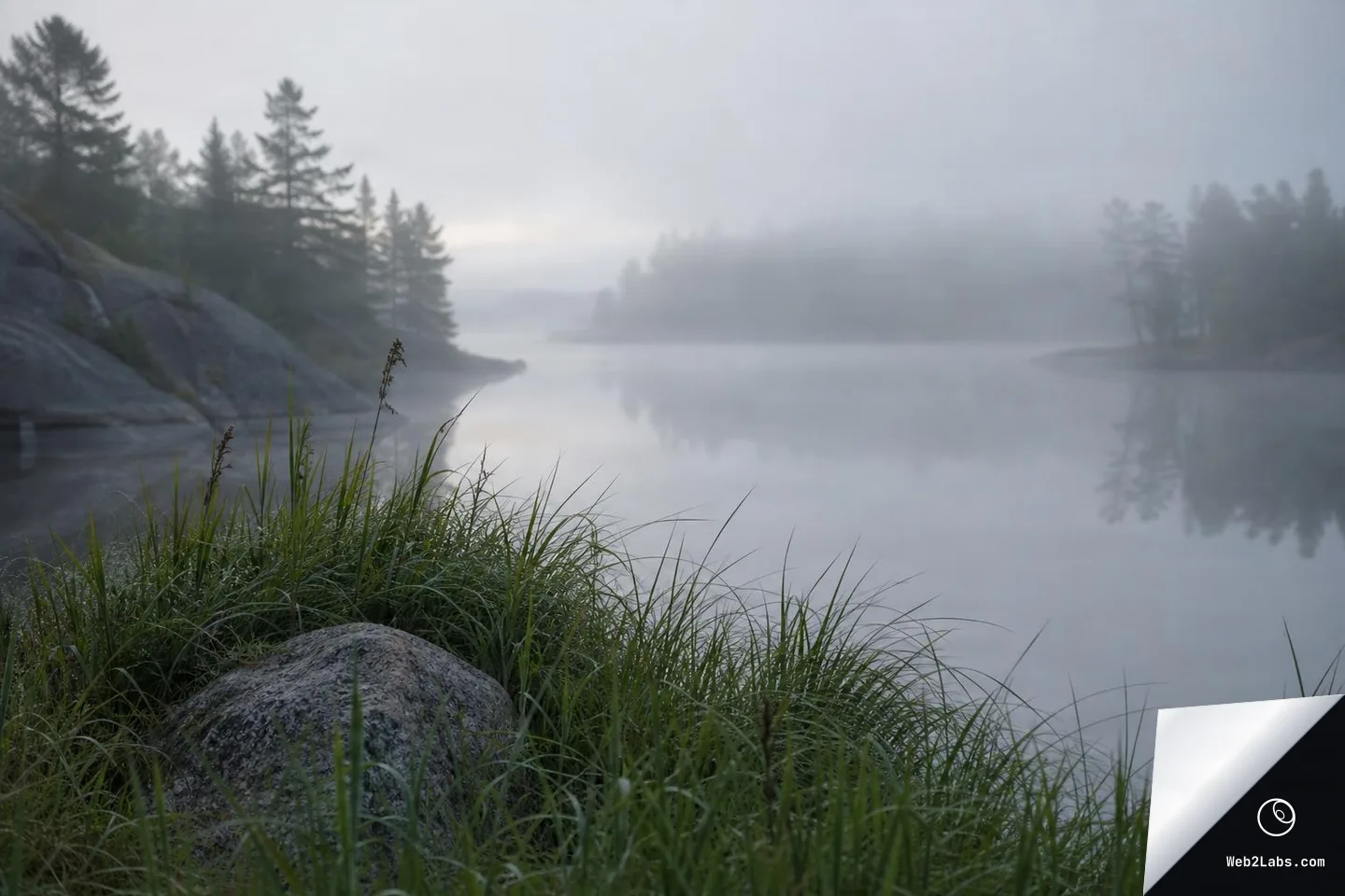 Foggy lake at dawn with grasses and a rock in the foreground, pine trees and rocky shoreline fading into mist, and a faint reflection on still water.