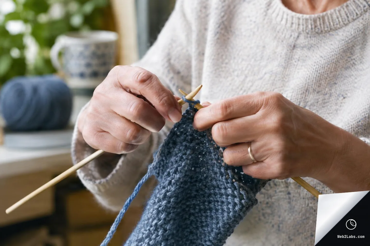 Close-up of a person's hands knitting a blue piece of fabric with wooden knitting needles, with a ball of yarn and a mug blurred in the background.