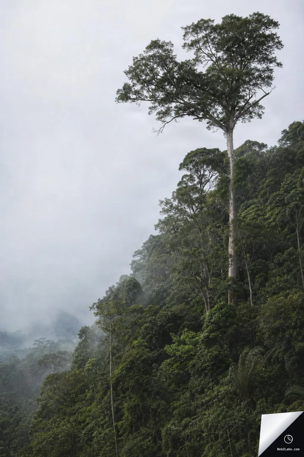 Misty rainforest hillside with dense green canopy and a tall emergent tree on the right, under an overcast pale sky with open space on the left.