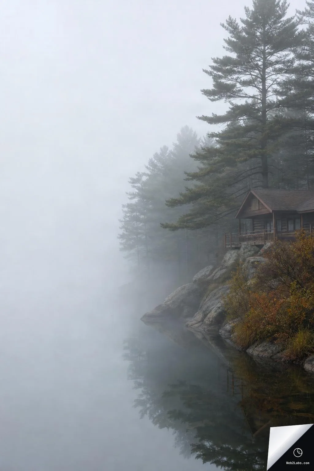 A small wooden cabin on a rocky shoreline beside calm water, with tall pine trees fading into thick fog and a large empty foggy area on the left.
