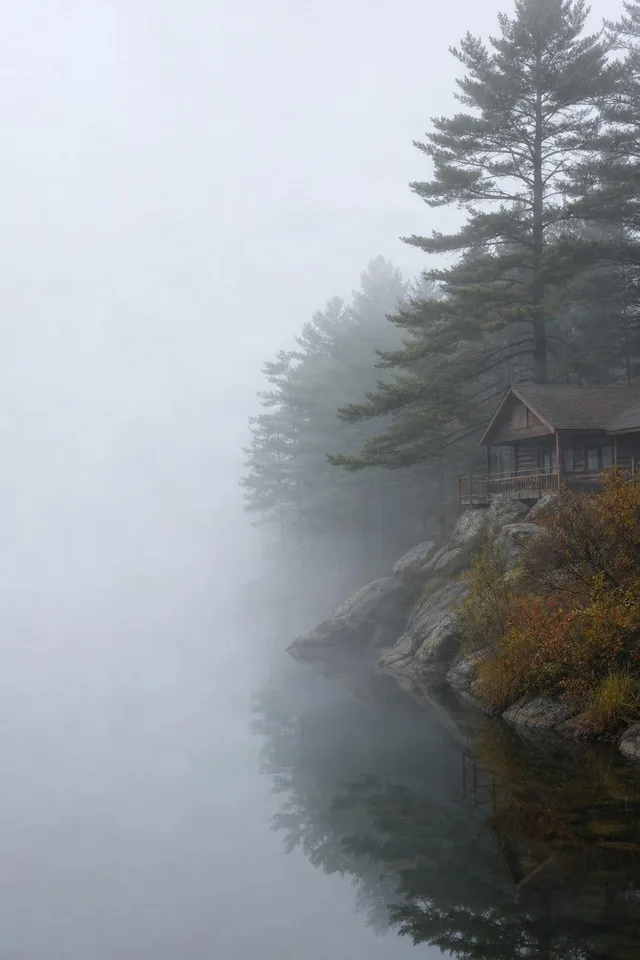Foggy Lakeside Cabin Morning