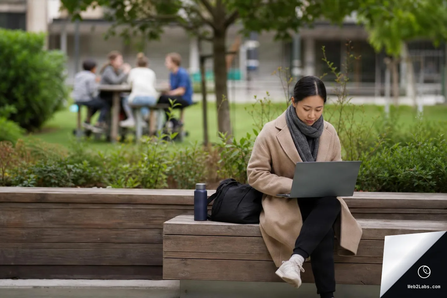 Person in a beige coat and scarf sits on a wooden bench in a landscaped outdoor area, working on a laptop, with a water bottle and bag beside them and blurred people at a table in the background.