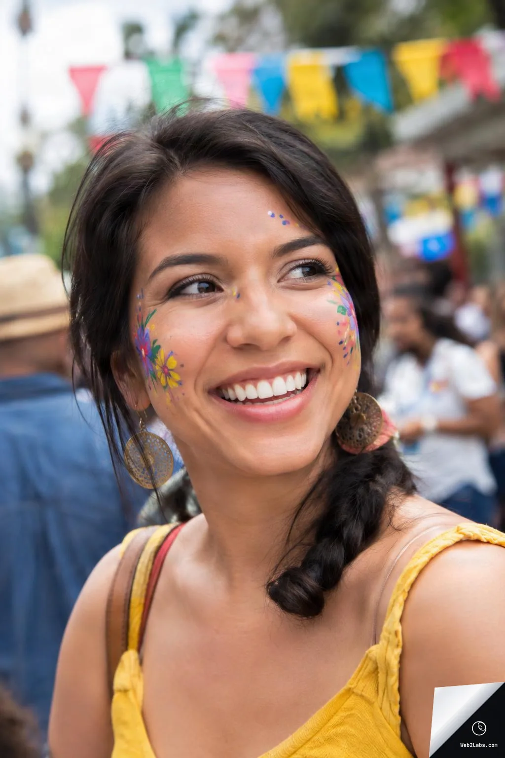 Close-up of a smiling woman with floral face paint and braided hair at an outdoor street festival, with colorful bunting and blurred people in the background.