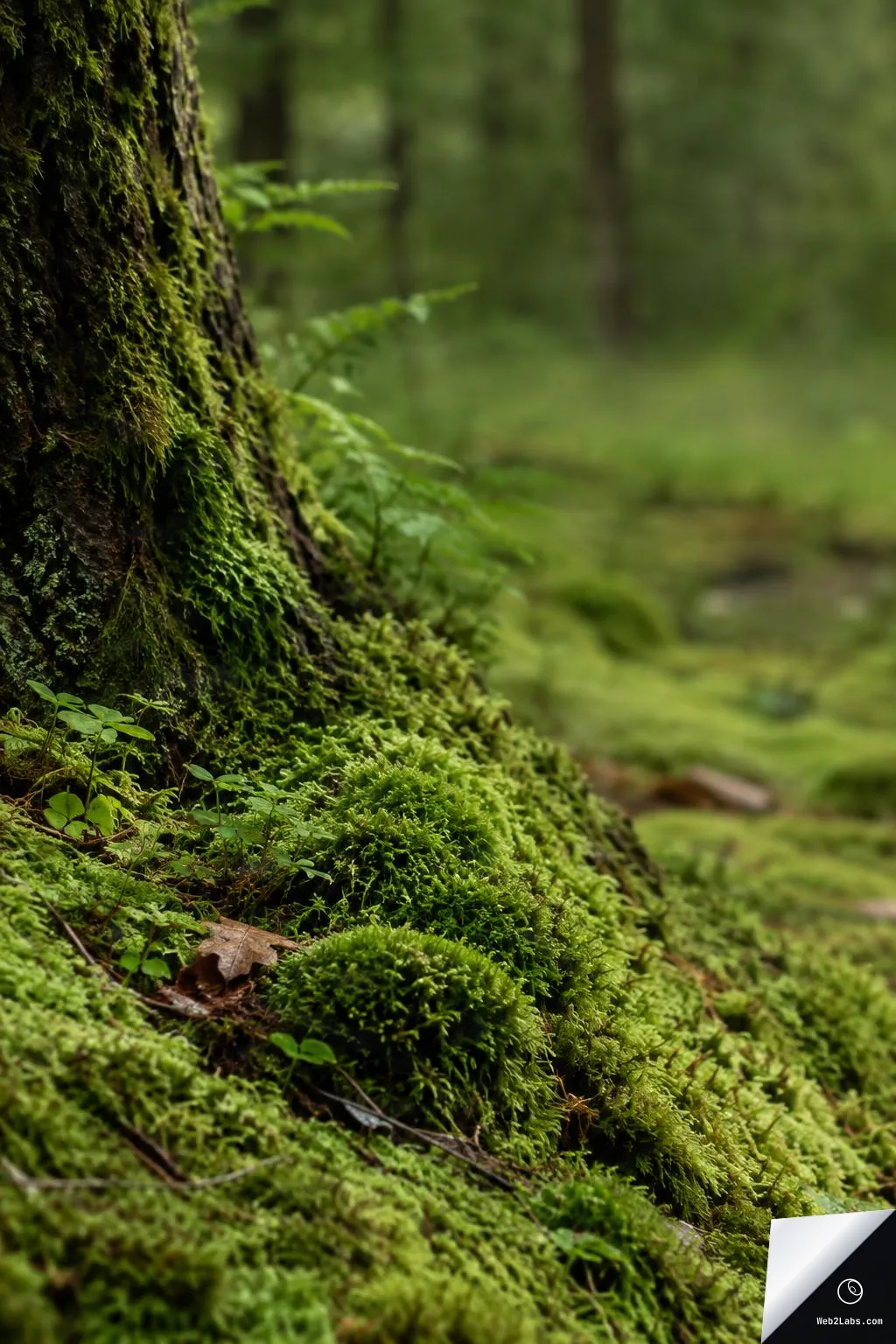 Close-up of bright green moss growing around the base of a tree trunk in a forest, with a soft blurred background and open space on the right.