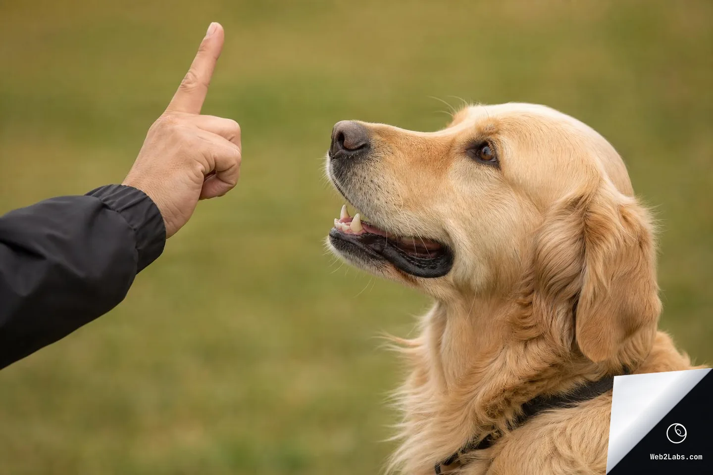 Side profile close-up of a golden retriever looking at a person's raised index finger training signal on a blurred grassy background.