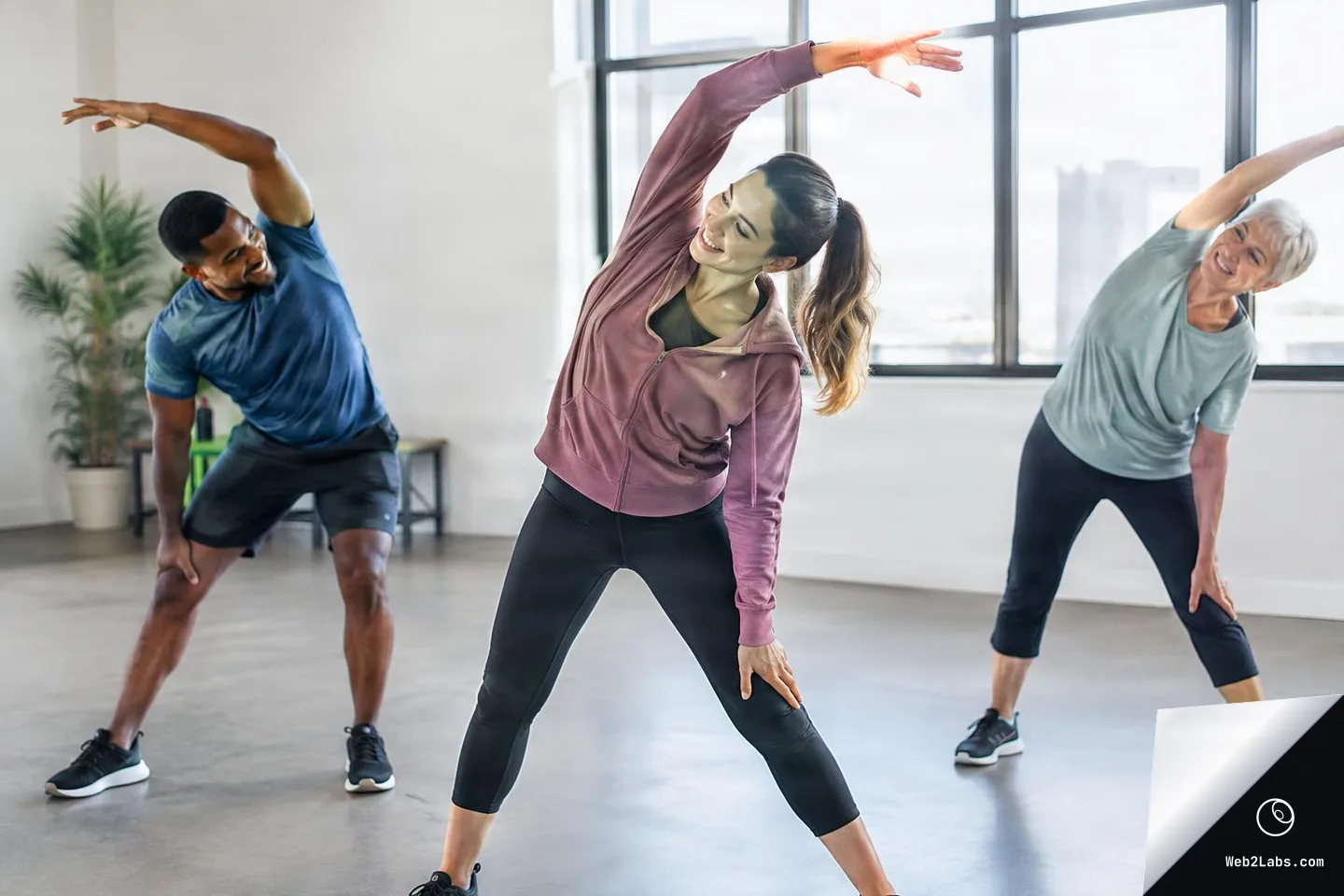 Three adults in a bright studio doing a standing side stretch with one arm overhead, smiling and stretching together near large windows.