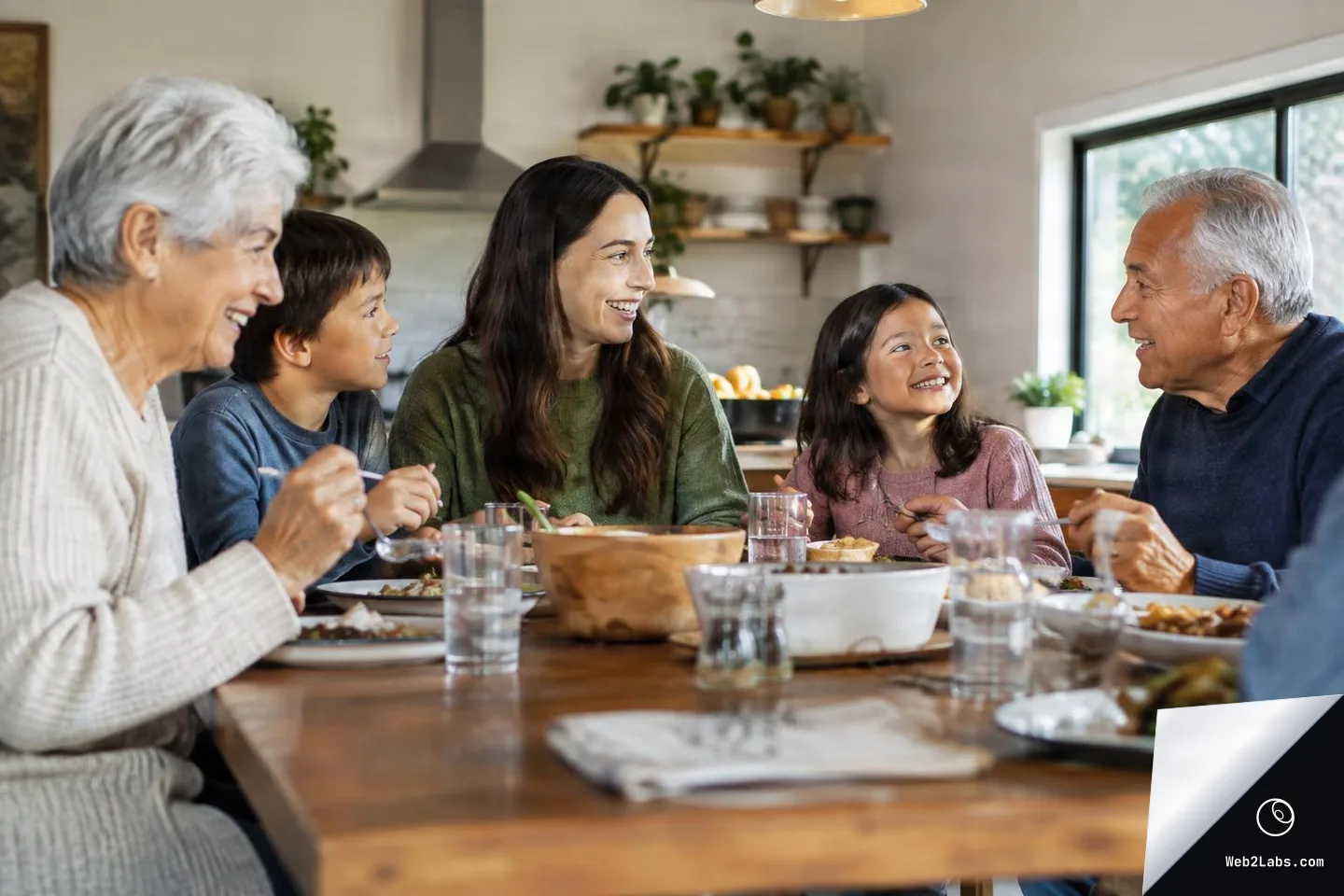 Grandparents, a mother, and two children smiling and talking while eating dinner together at a wooden table in a bright kitchen.