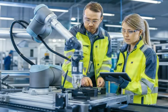 Engineers Inspect Collaborative Robot Workcell