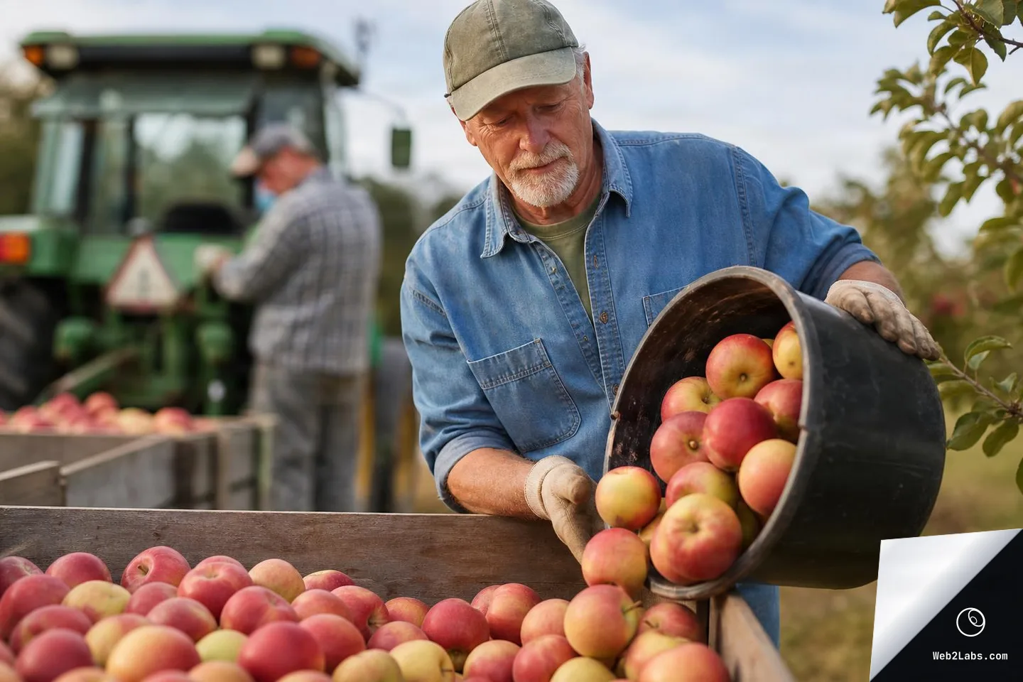 Older farmer in a denim shirt and cap pours a bucket of red and yellow apples into a wooden harvest bin, with a tractor and another worker blurred in the background of an orchard.
