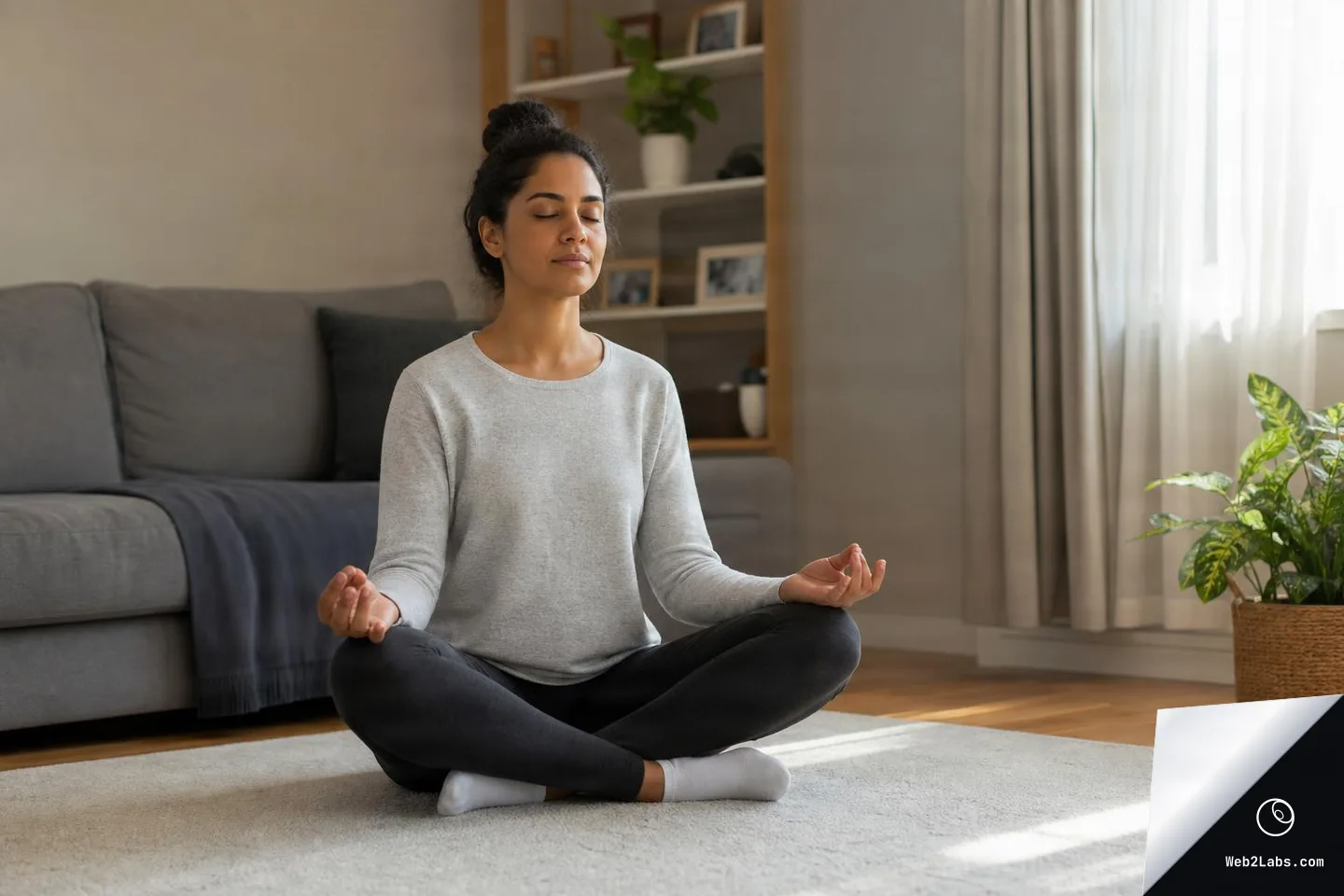 A woman sits cross-legged on a rug in a living room with eyes closed and hands resting on her knees, meditating in soft daylight near a window.