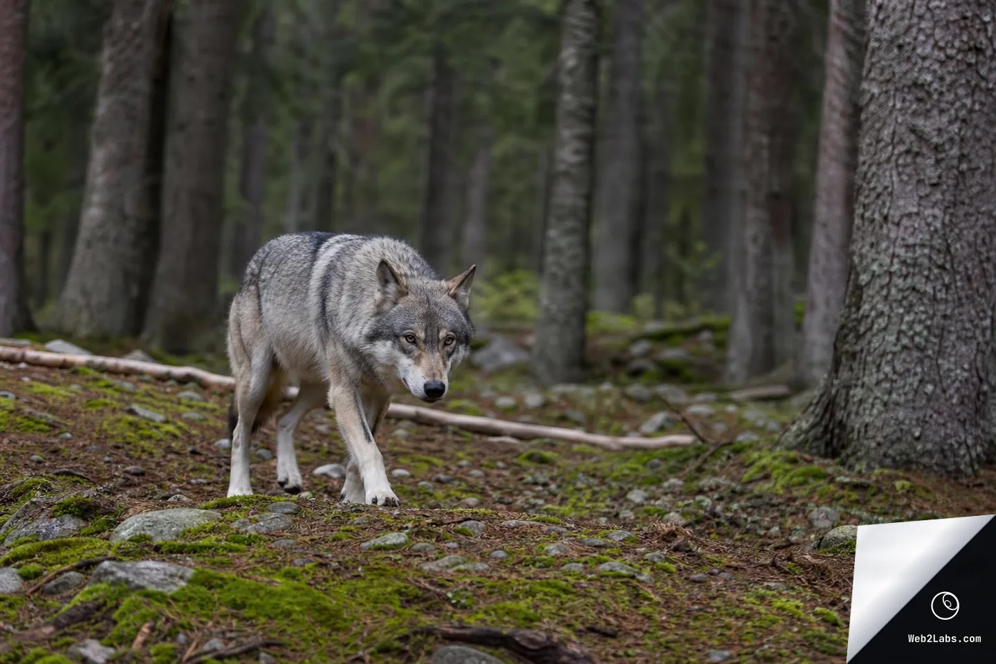 A gray wolf walking toward the camera on a mossy, rocky forest floor with tall tree trunks in the background.