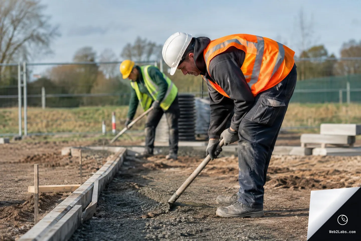 Two construction workers in hard hats and high-visibility vests rake and level gravel on a building site, with one worker in sharp focus in the foreground and another blurred in the background near temporary fencing.