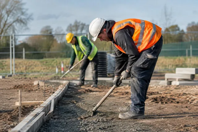 Construction Workers Raking Gravel Base