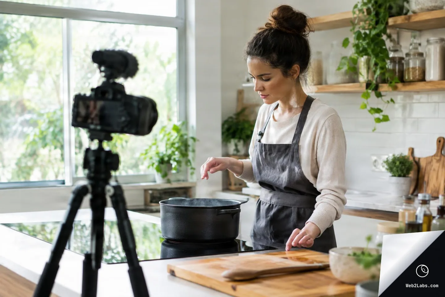 Woman in an apron checks a pot on a stovetop while a camera on a tripod records in a bright home kitchen with shelves and plants.