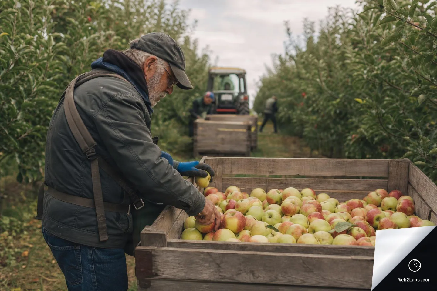 Older farm worker in a cap and gloves sorts apples in a large wooden crate in an apple orchard row, with a tractor and other workers blurred in the background.
