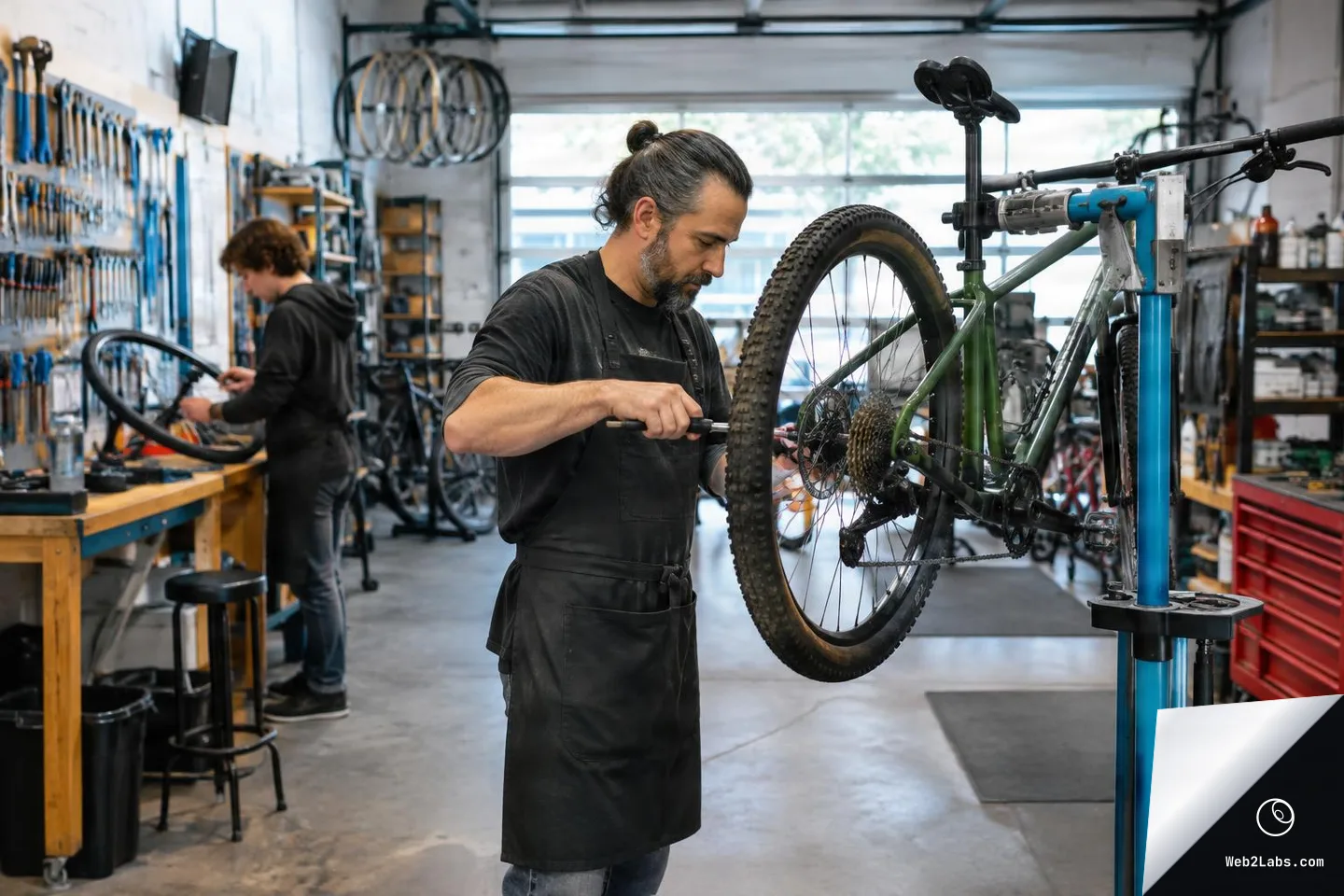 A mechanic in a black apron adjusts a mountain bike mounted on a repair stand inside a bicycle workshop, while another worker handles a wheel near a tool wall in the background.