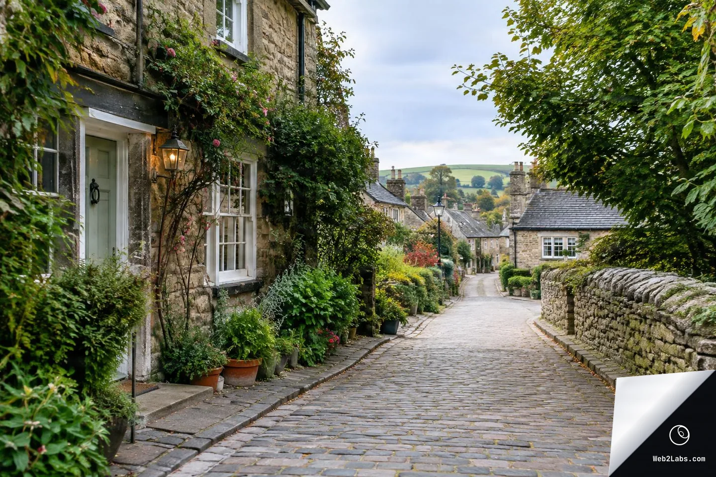 A quiet cobblestone village street with stone cottages and ivy-covered walls on the left, a stone wall and trees on the right, and a winding lane leading toward more cottages and green hills under an overcast sky.