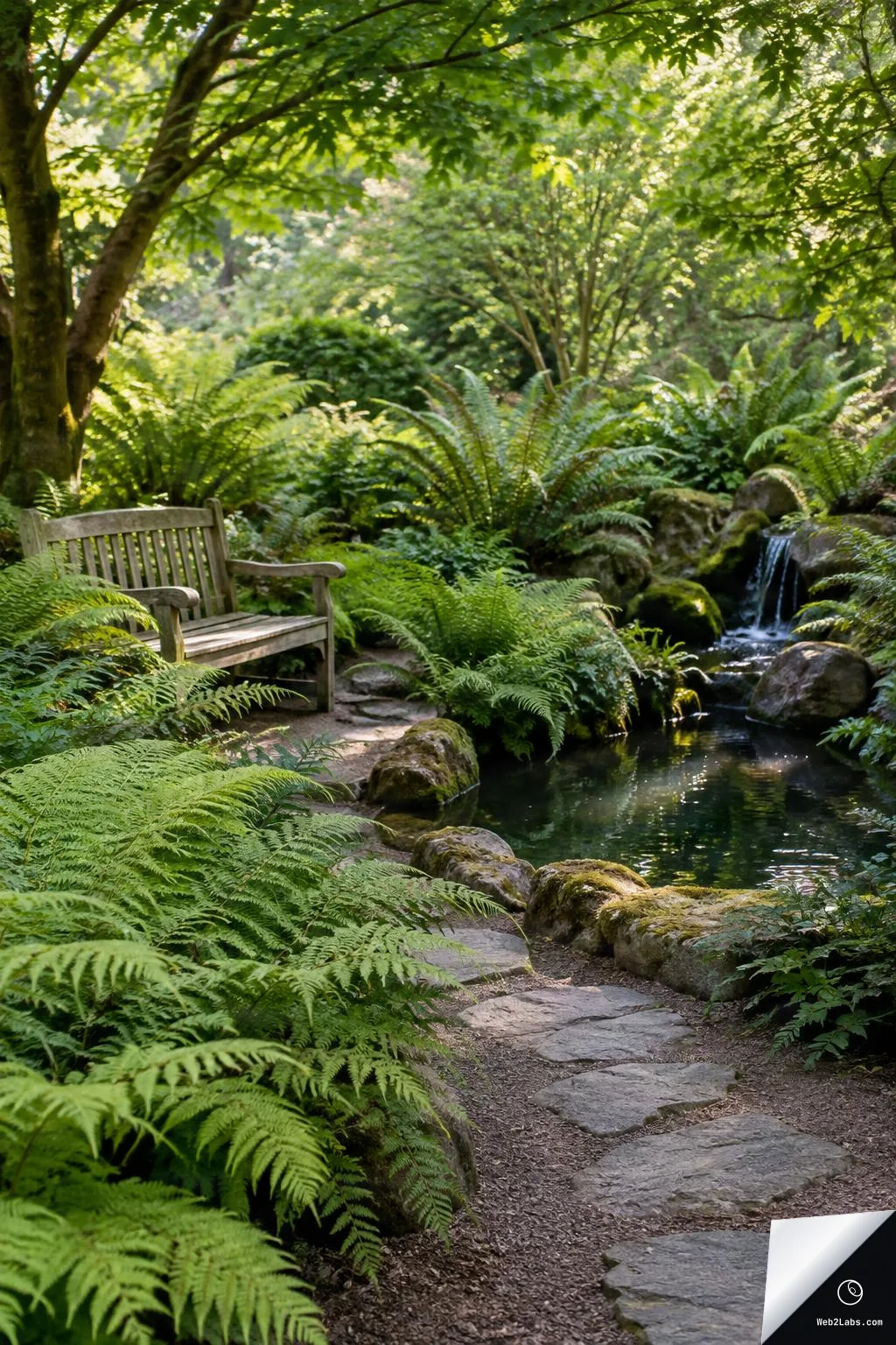 A quiet fern garden with a wooden bench on the left, a stone path in the foreground, and a small pond with a tiny waterfall on the right under dappled sunlight.