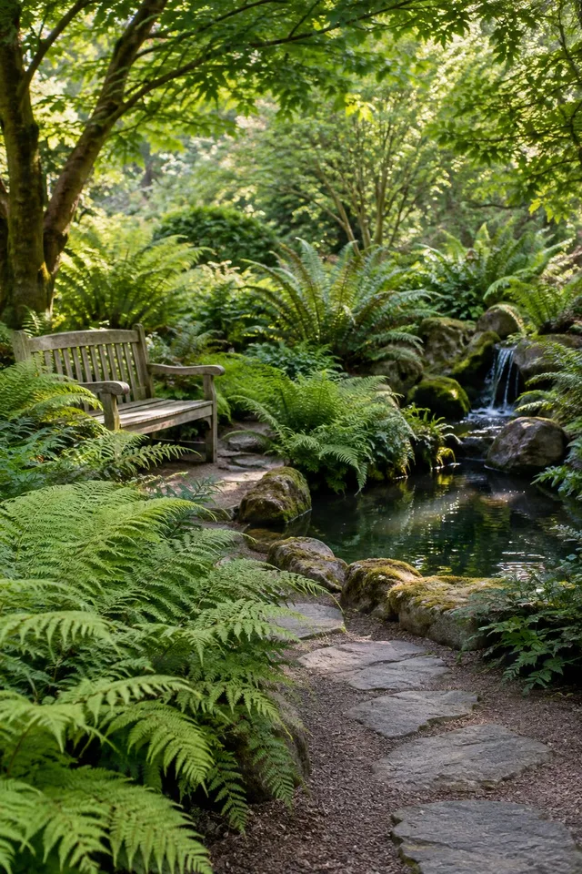 Fern Garden Bench by Stream